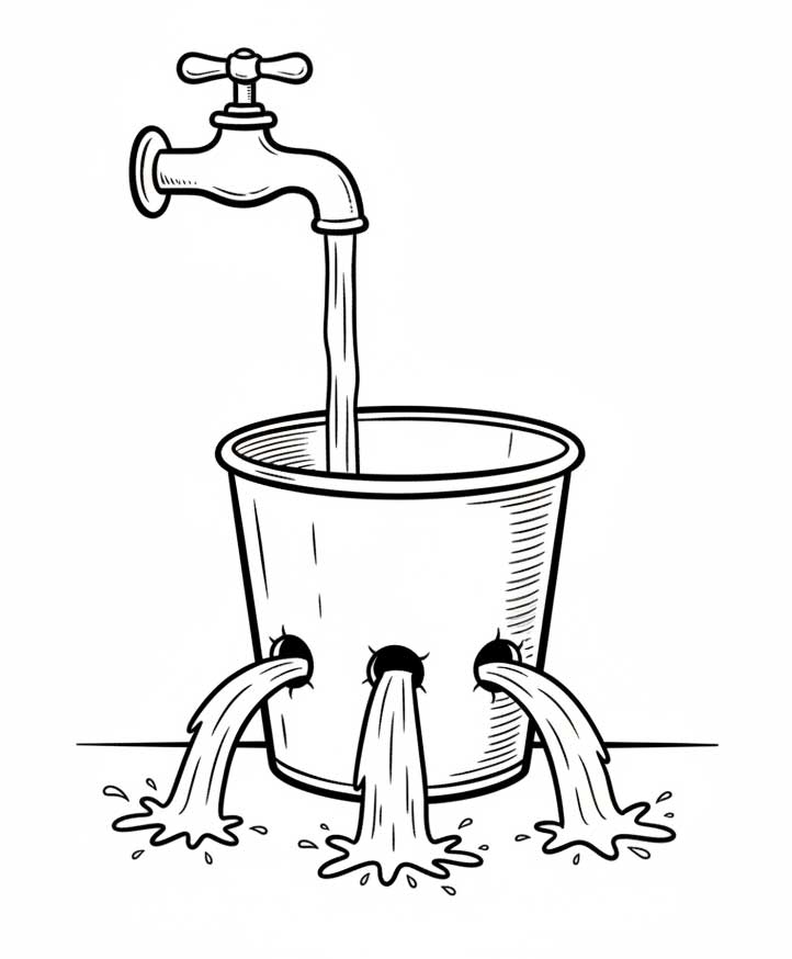 Illustration: Eimer mit Löchern – Systemkosten sichtbar machen