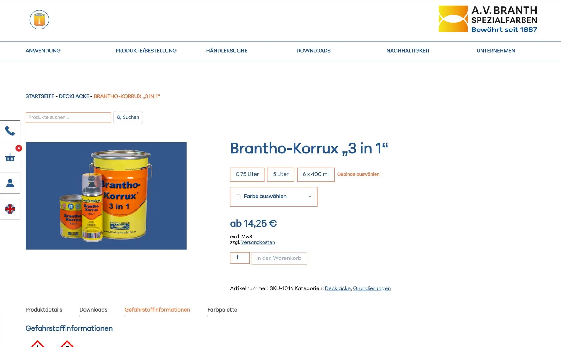 Webdesign Biberach – B2B-Shop Branth Chemie Spezialfarben